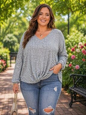 Maurices Gray Striped Knot Front Top Size 0 Plus Soft Flowy Tee